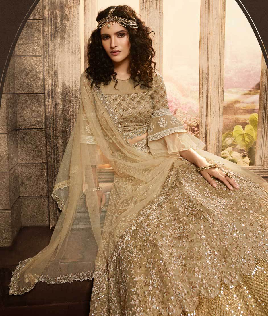 Net Bollywood Lehenga in Beige and Brown with Thread work