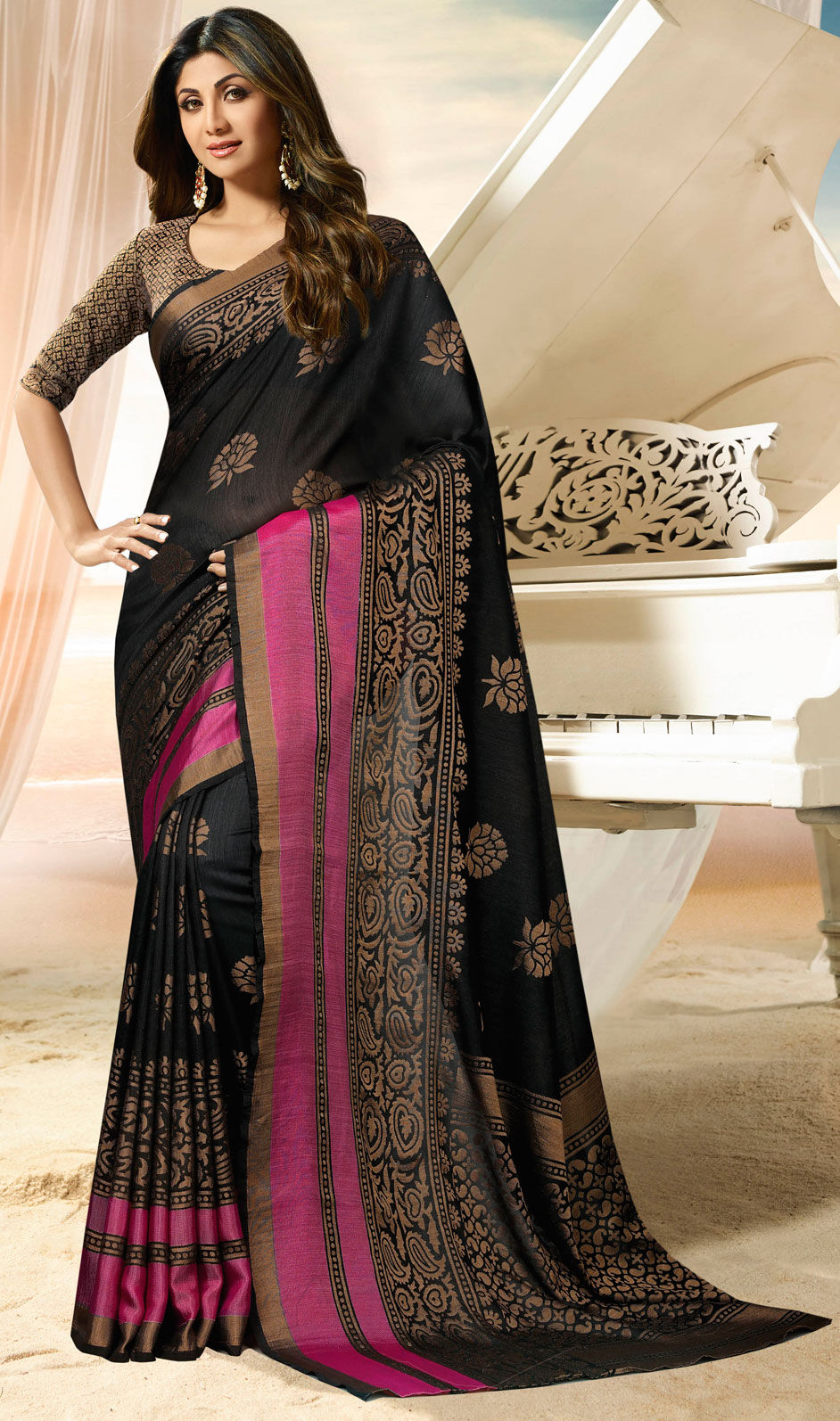 Silk Bollywood Saree in Black and Grey with Weaving work