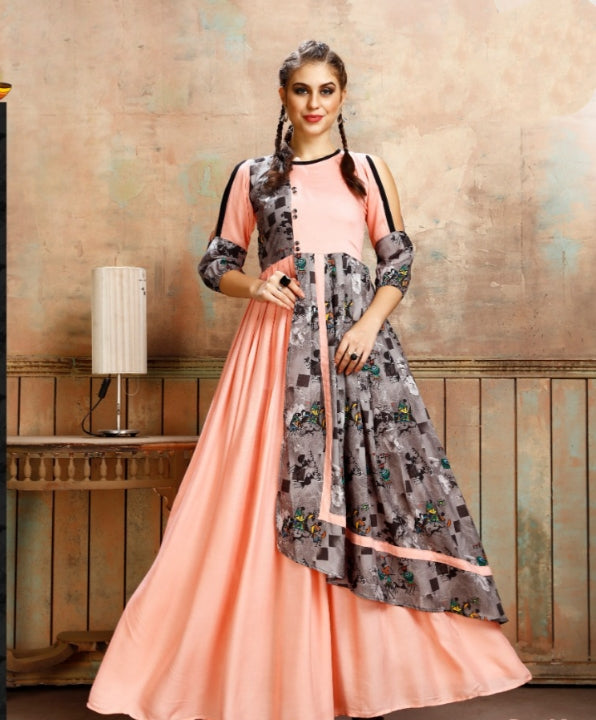 Sensational Peach Designer Heavy Cotton Rayon Print Gown For Function Wear