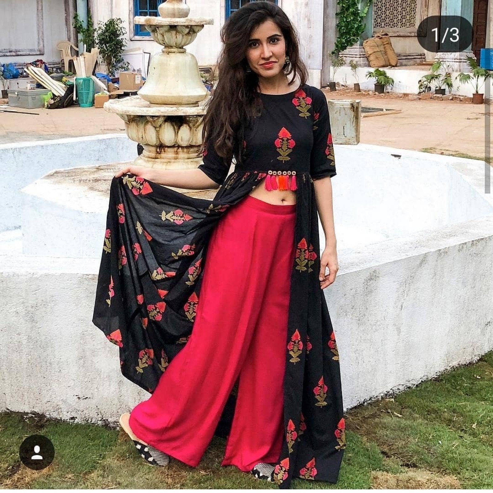 Affectionate Black With Pink Rayon Printed Indo Western Wear