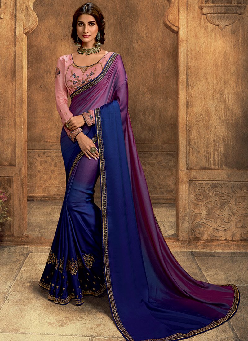 Blue N Purple Embroidered Art Silk Saree