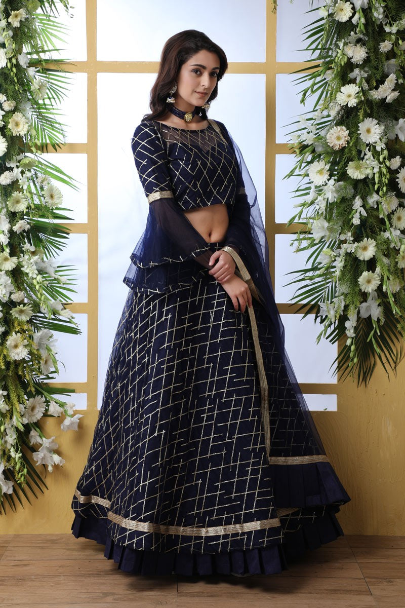 Occasion Wear Net Fabric Embroidered Lehenga In Navy Blue Color With Designer Blouse