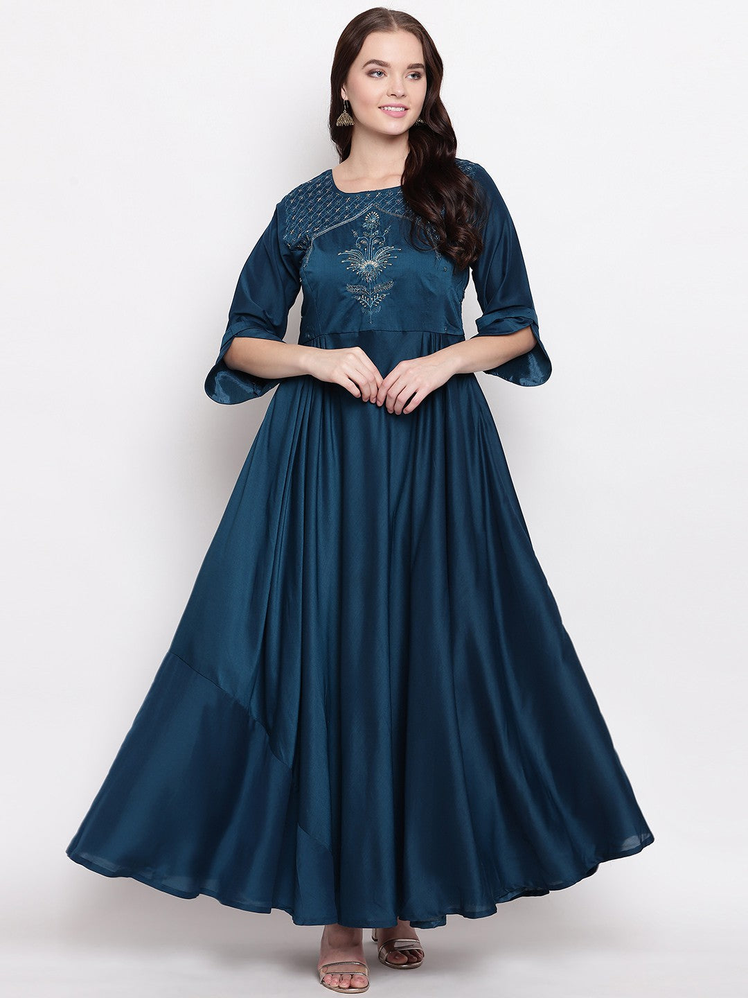 Blue Silk Blend Embroidered Designer Readymade Gown