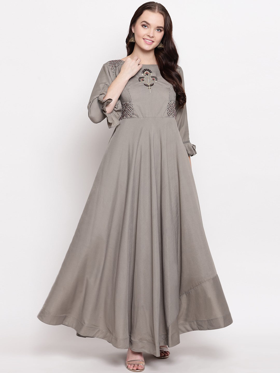 Grey Silk Blend Embroidered Designer Readymade Gown