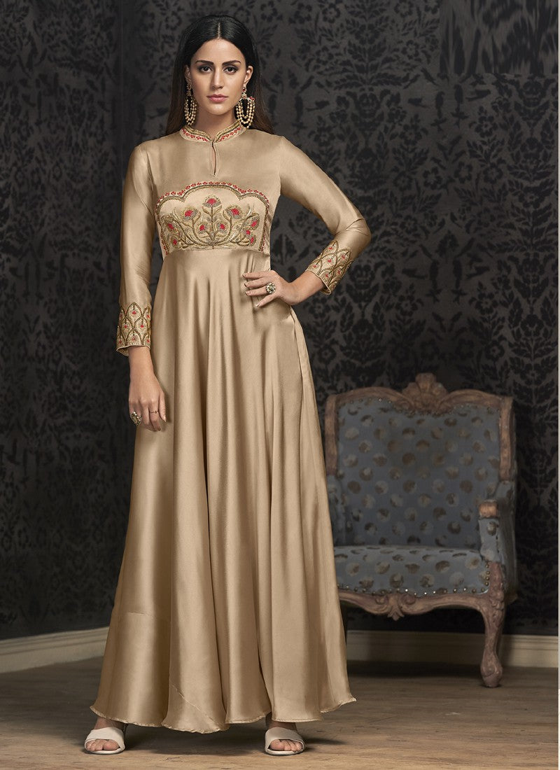 Beige Georgette Embroidered Readymade Circular Gown