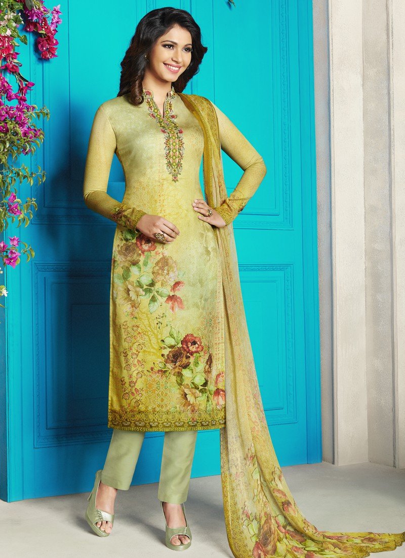 Green Cotton Embroidered Straight Pant Suit