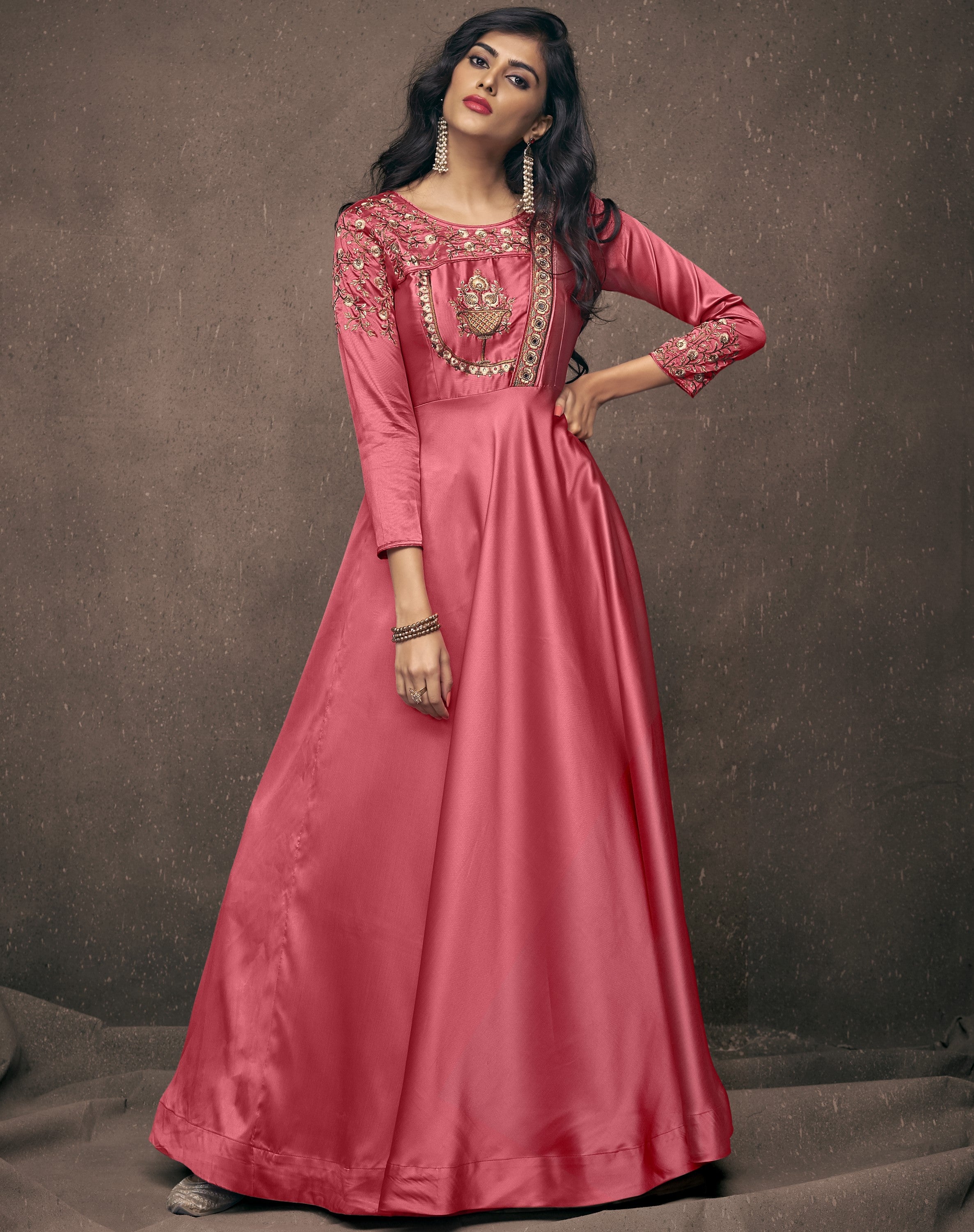 Peach Satin Designer Floral Embroidered Readymade Gown