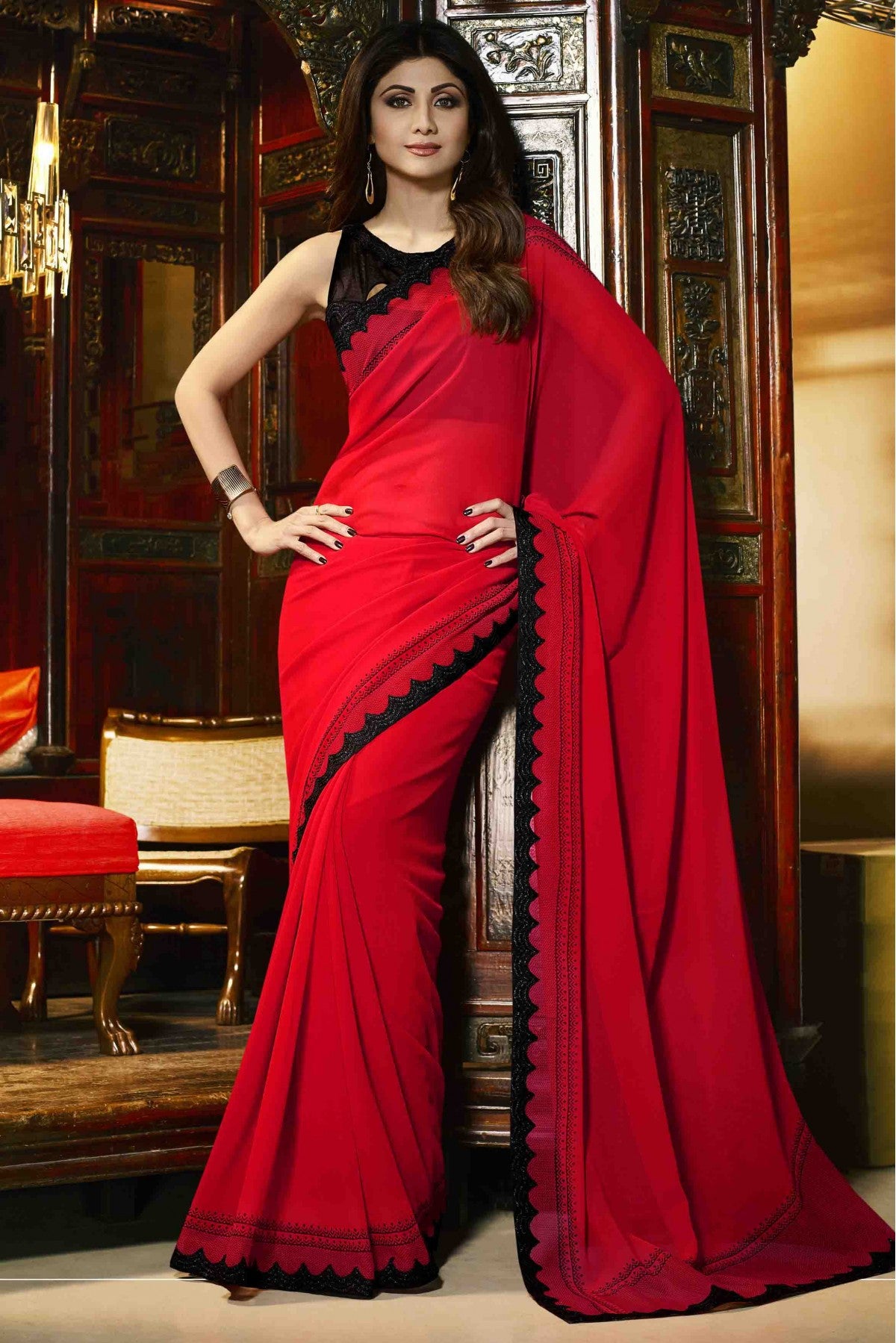 Shilpa Shetty Georgette Lace Work Saree In Red Colour