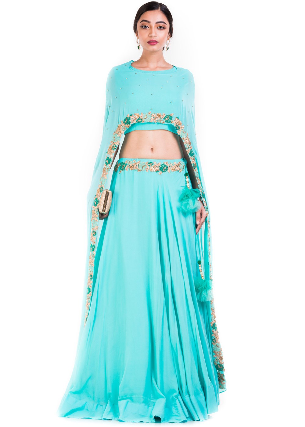 Sky Blue Embroidered Cape Style Skirt & Top Set