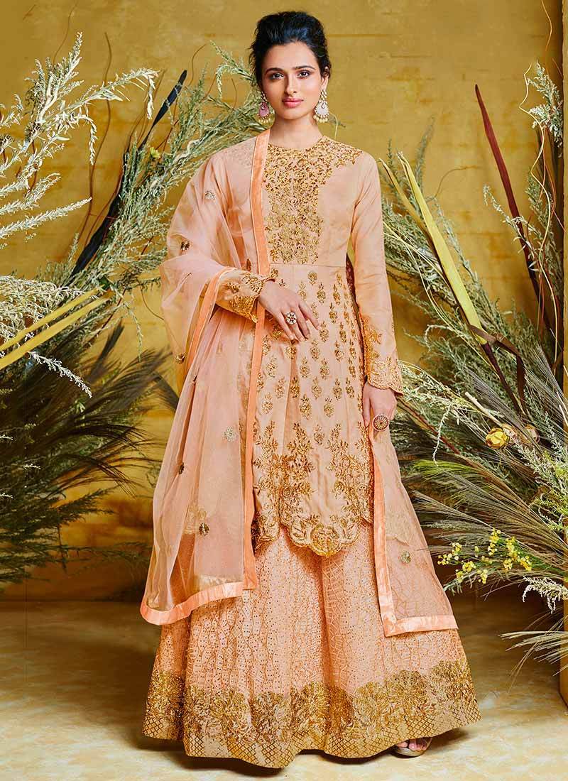 Peach Color Net Silk Stitched Dress