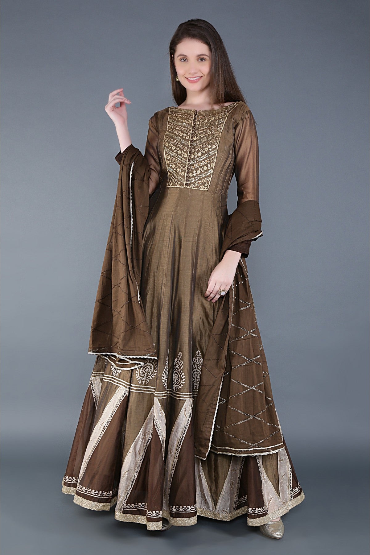 Silk Sequins Work Anarkali Suit In Brown Colour