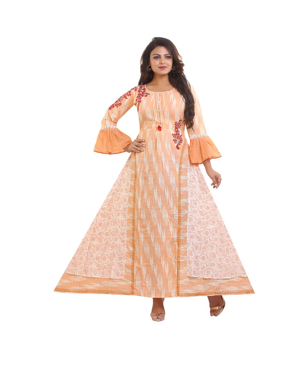 PEACH DESIGNER PRINTED AND EMBROIDERED ANARKALI DRESS FOR WOMEN