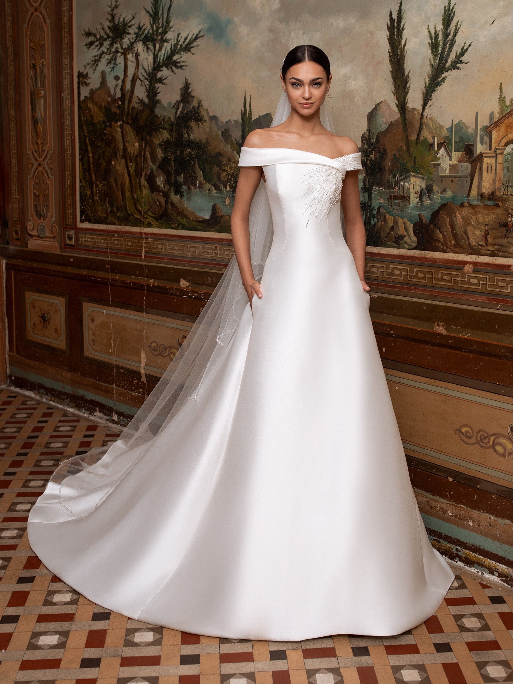 A-line wedding dress with off-the-shoulder sleeves