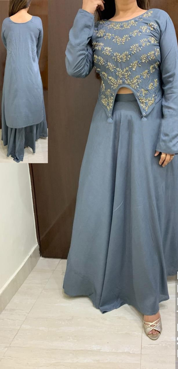 Beautiful Grey Colored Rayon With Hand Work High-Low Crop Top With Skirt With Stylish Sleeves & Hand Work in Front For Wedding Wear