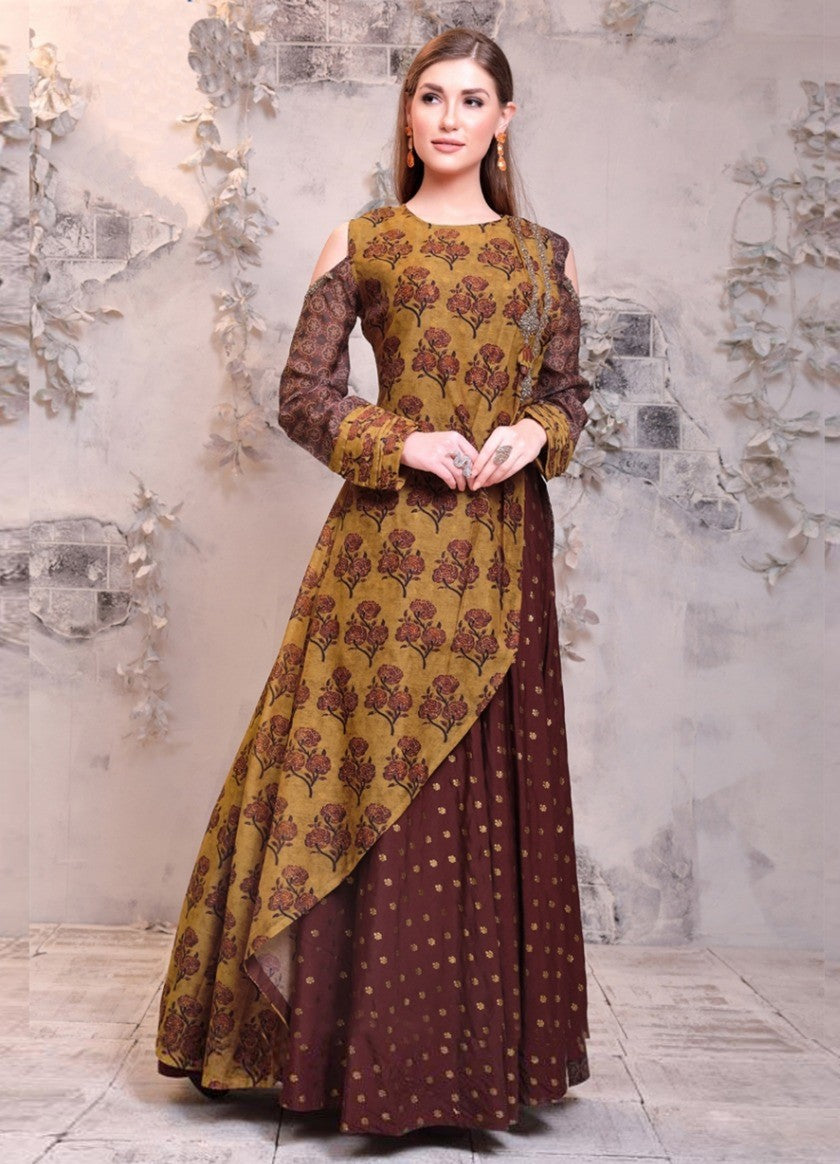 Coffee With Yellow Color designer Chanderi Printed Party Wear Long Kurti