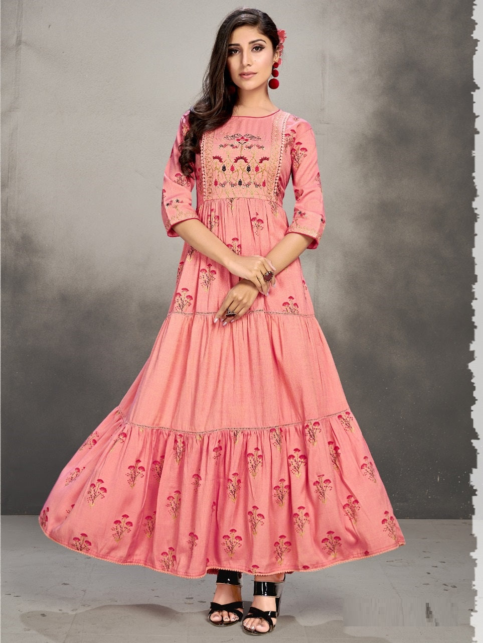 Party wear Peach Color Cotton Handwork Embroidered Stitched Gown