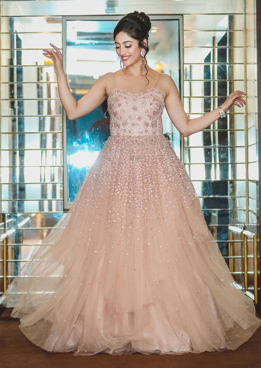 Blossom Peach Corset Gown In Net With Sequins