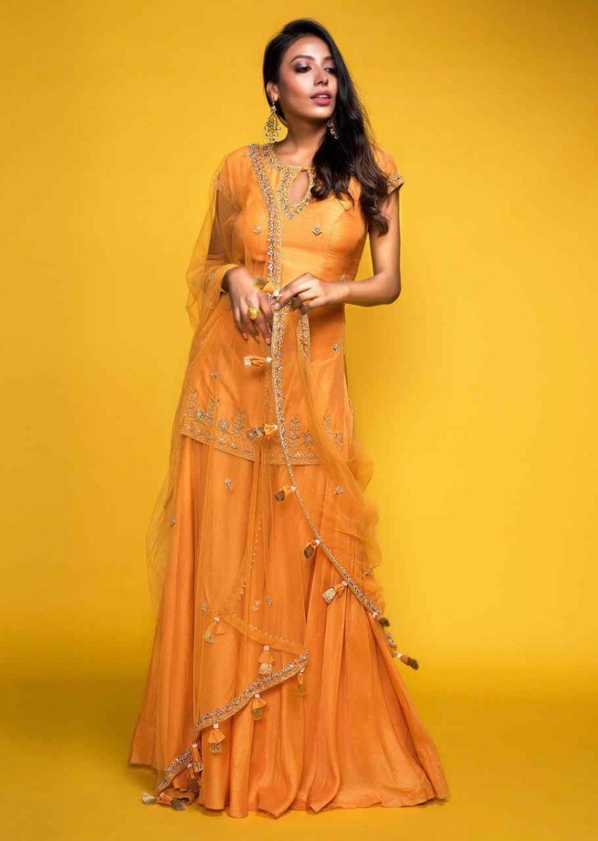 Hina Khan in Apricot Orange Short Kurta Suit In Cotton Silk With Flared Palazzo Pants