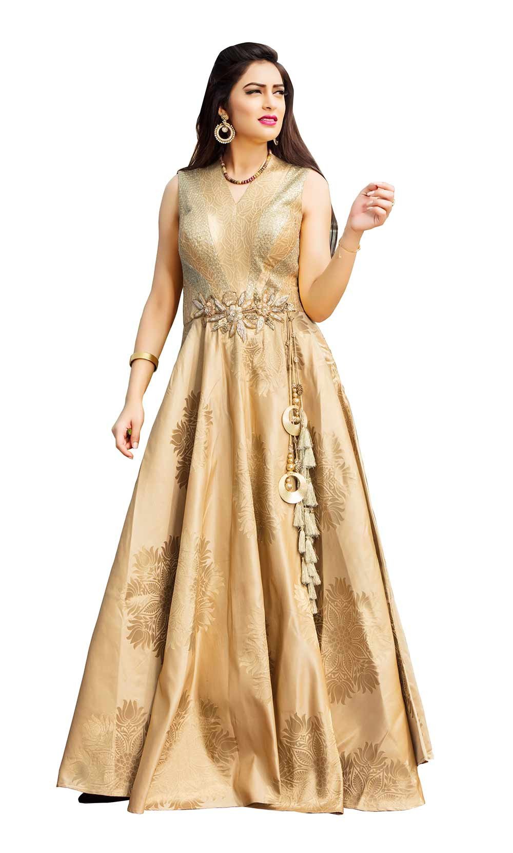 BEIGE IMPORTED FABRIC & ART SILK DESIGNER READYMADE GOWN