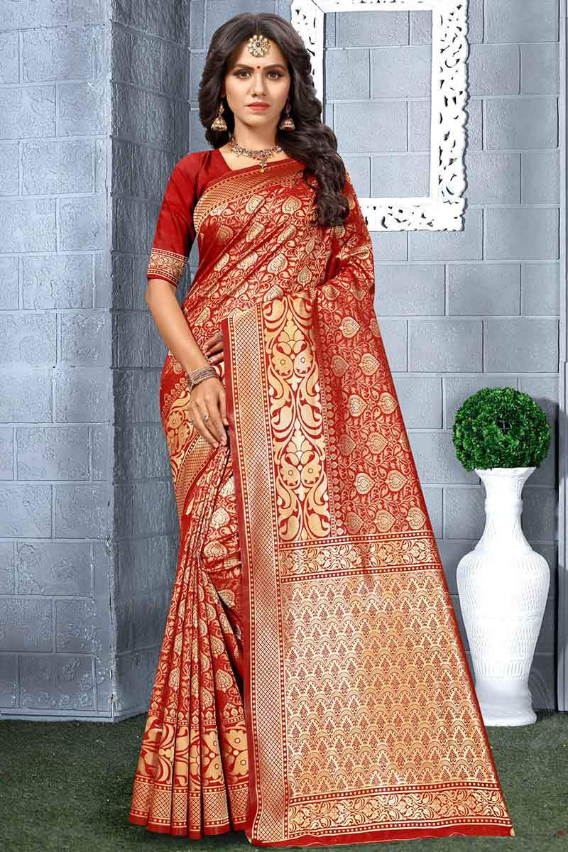 Bright Red Banarasi Silk Saree With Silk Blouse
