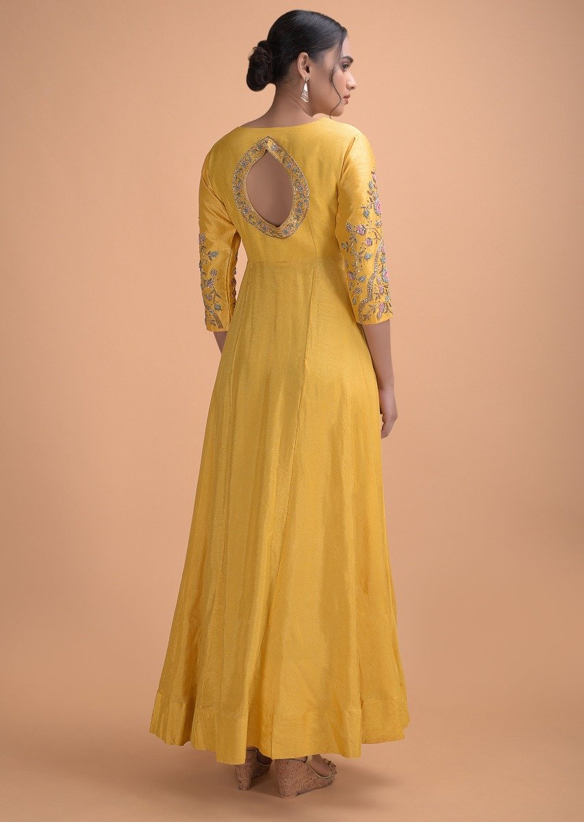 Butter Yellow Indowestern Gown With Hand Embroidery In Floral And Bird Pattern Online