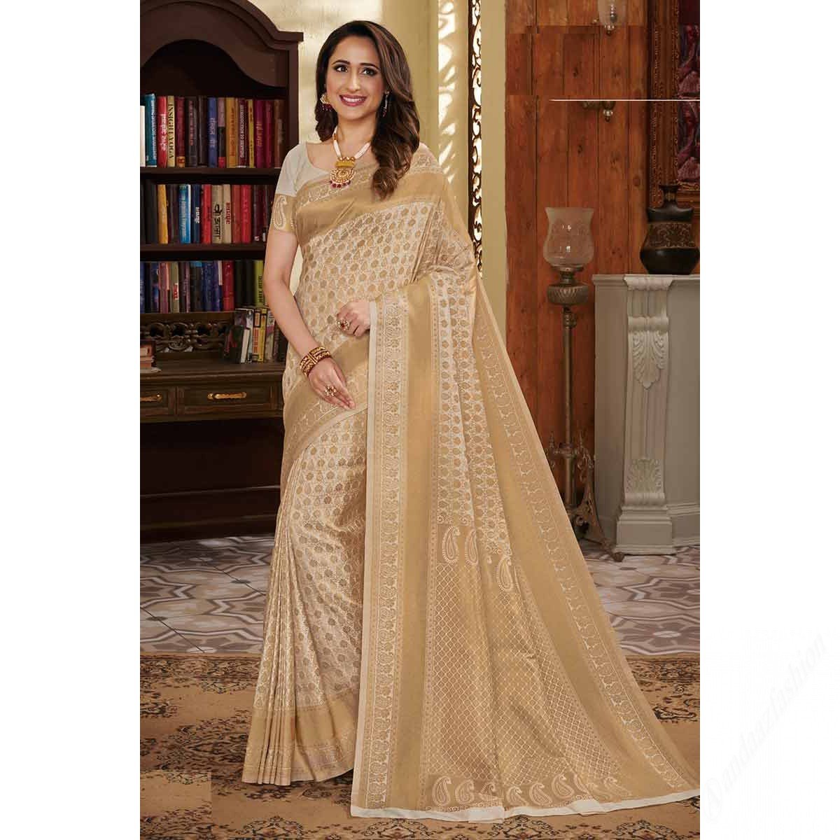 Cream Colour Banarasi Silk Saree With Silk Blouse