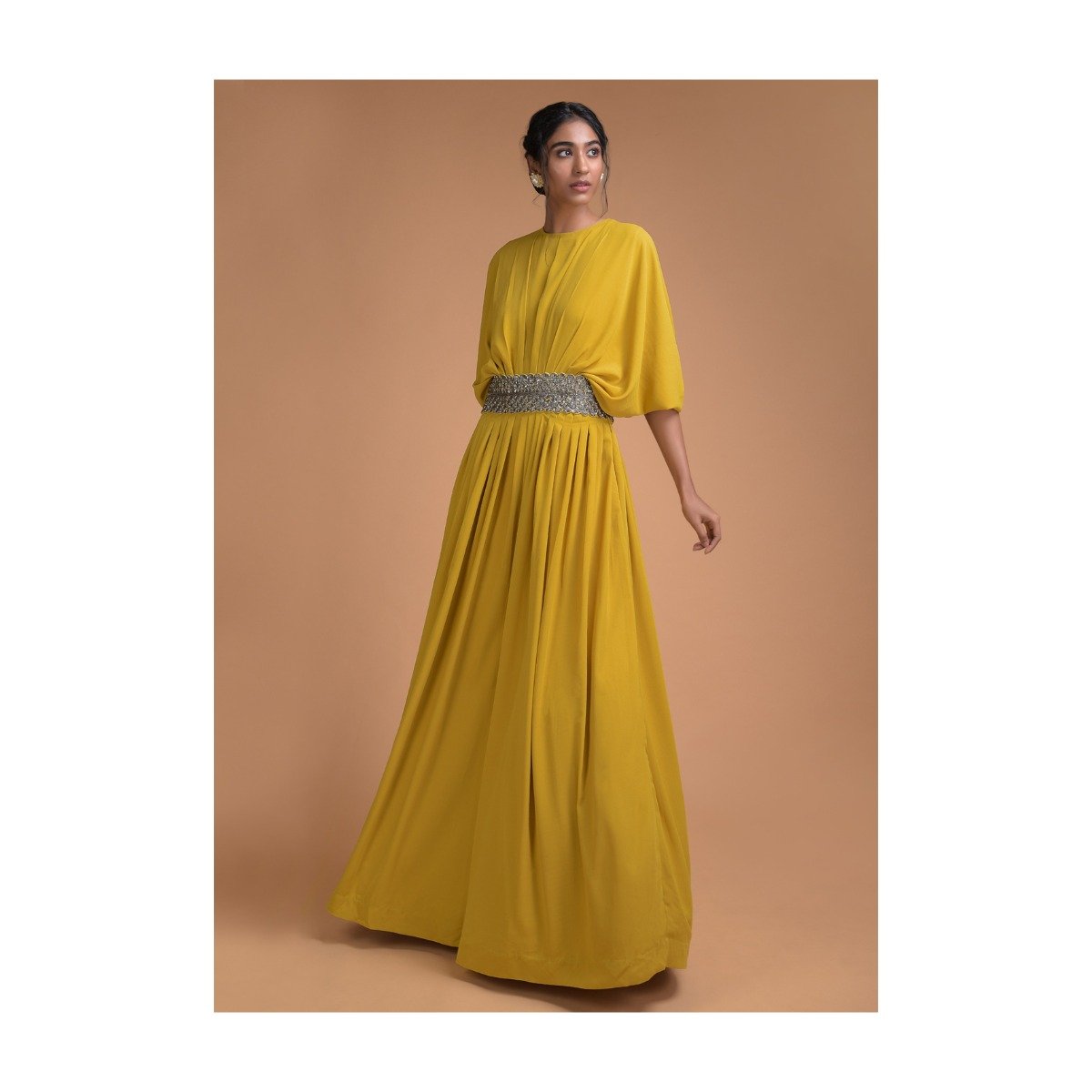 Cyber Yellow Indowestern Gown In Crepe With Fancy Kaftan Sleeves And Embellished Belt Online