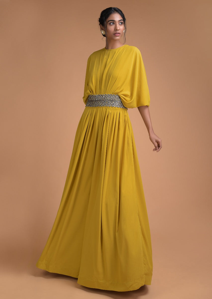 Yellow Indowestern Gown In Crepe With Fancy Kaftan Sleeves And Embellished Belt Online