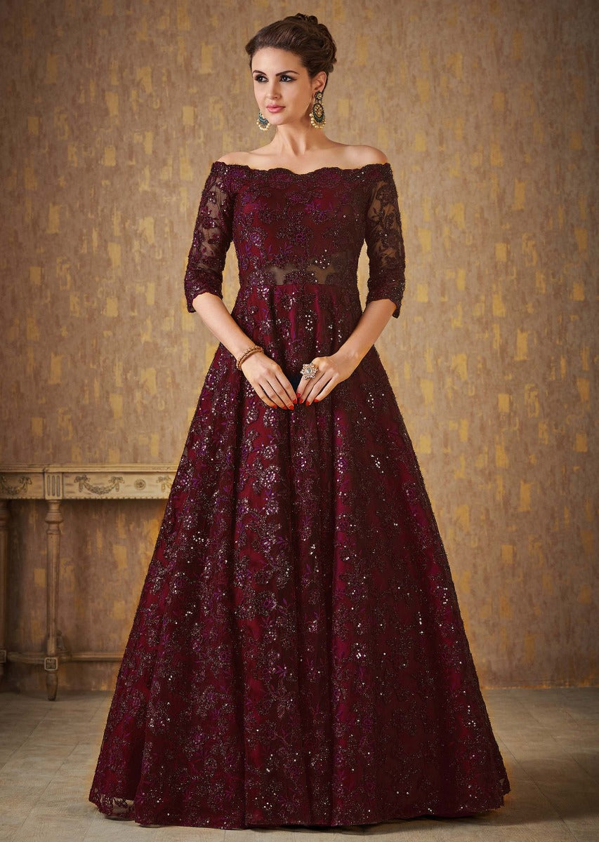 Dark Maroon Off Shoulder Gown Adorned In Embossed Thread And Sequin Embroidery Online