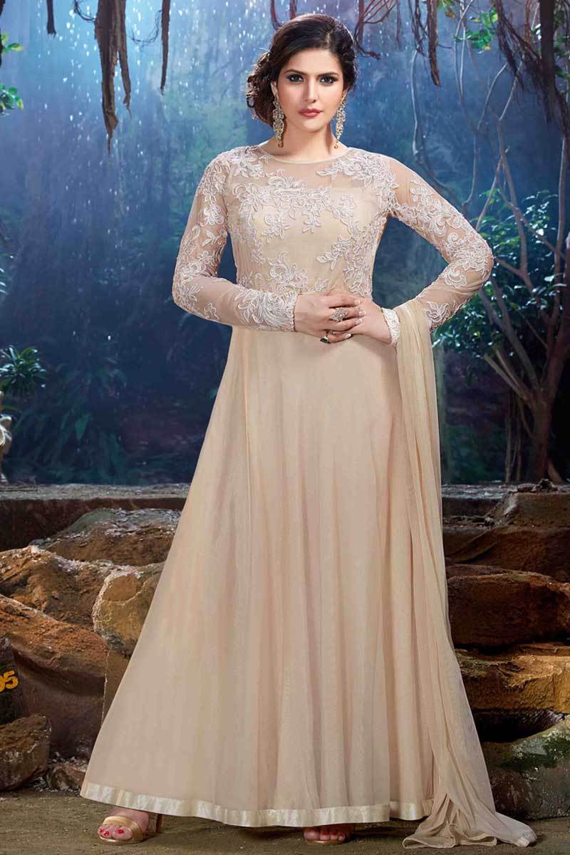 Zarin Khan Soft Net Anarkali Suit In Cream Colour