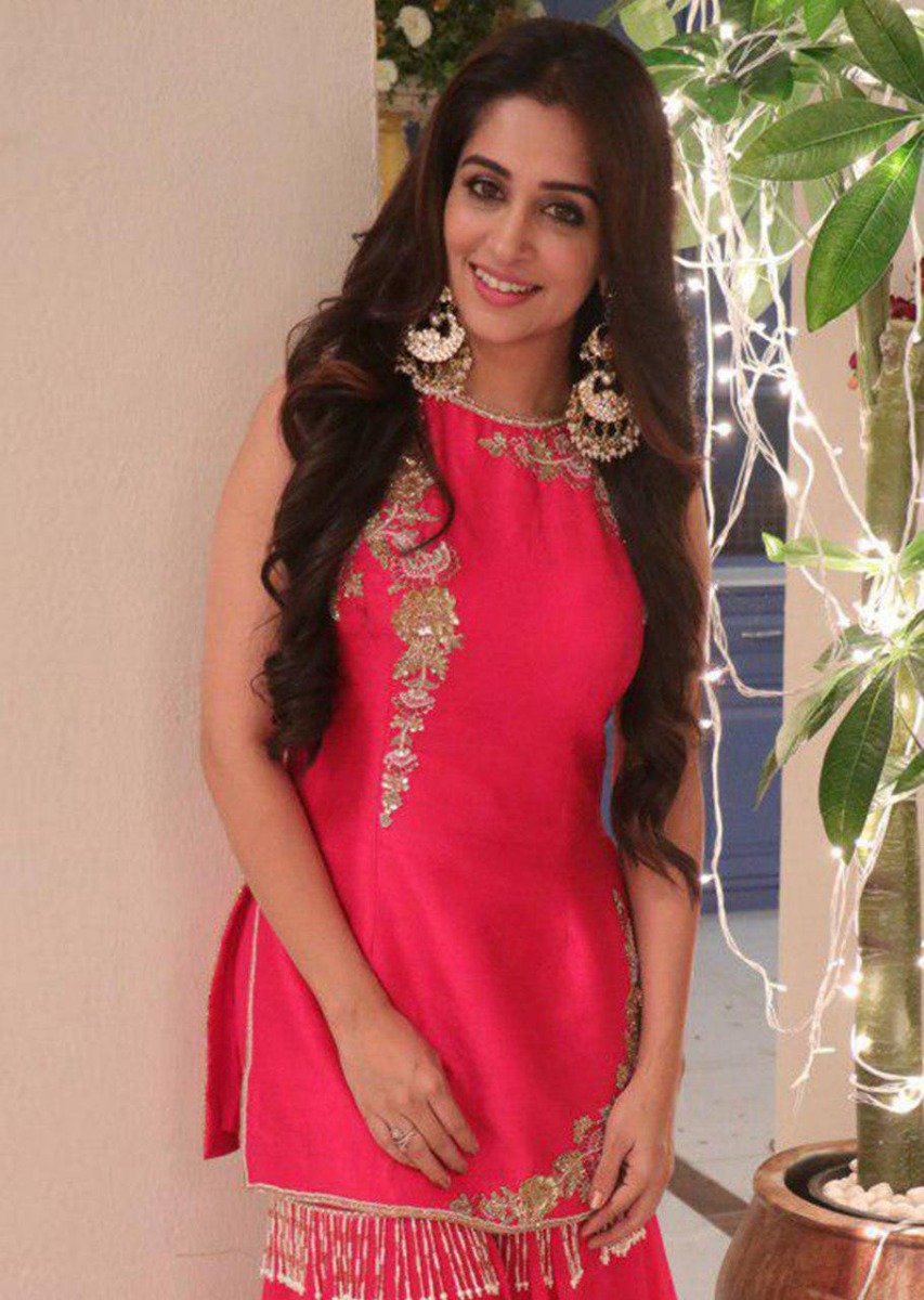 Dipika Kakar in Kalki Hot Pink Sharara Suit Set In Satin Silk With Floral Embroidery Patches