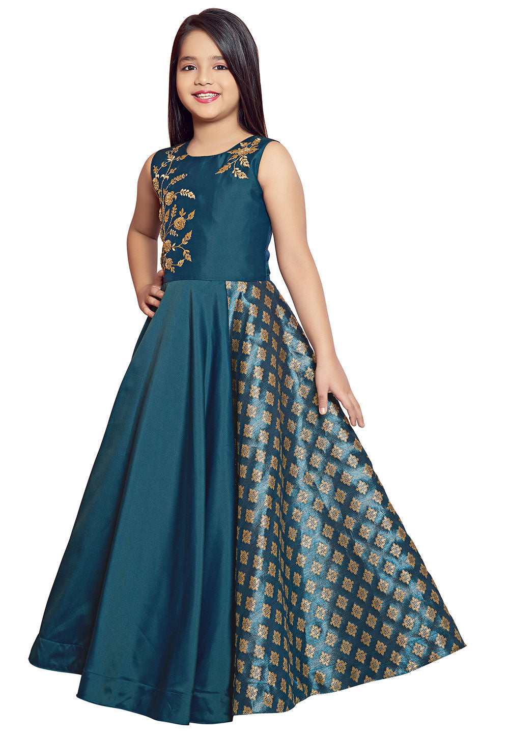 Embroidered Art Silk A Line Gown in Teal Blue