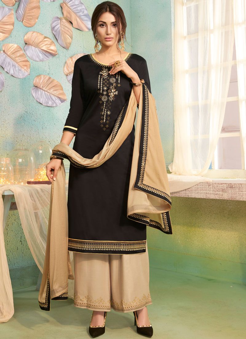 Embroidered Cotton Trendy Palazzo Suit In Black