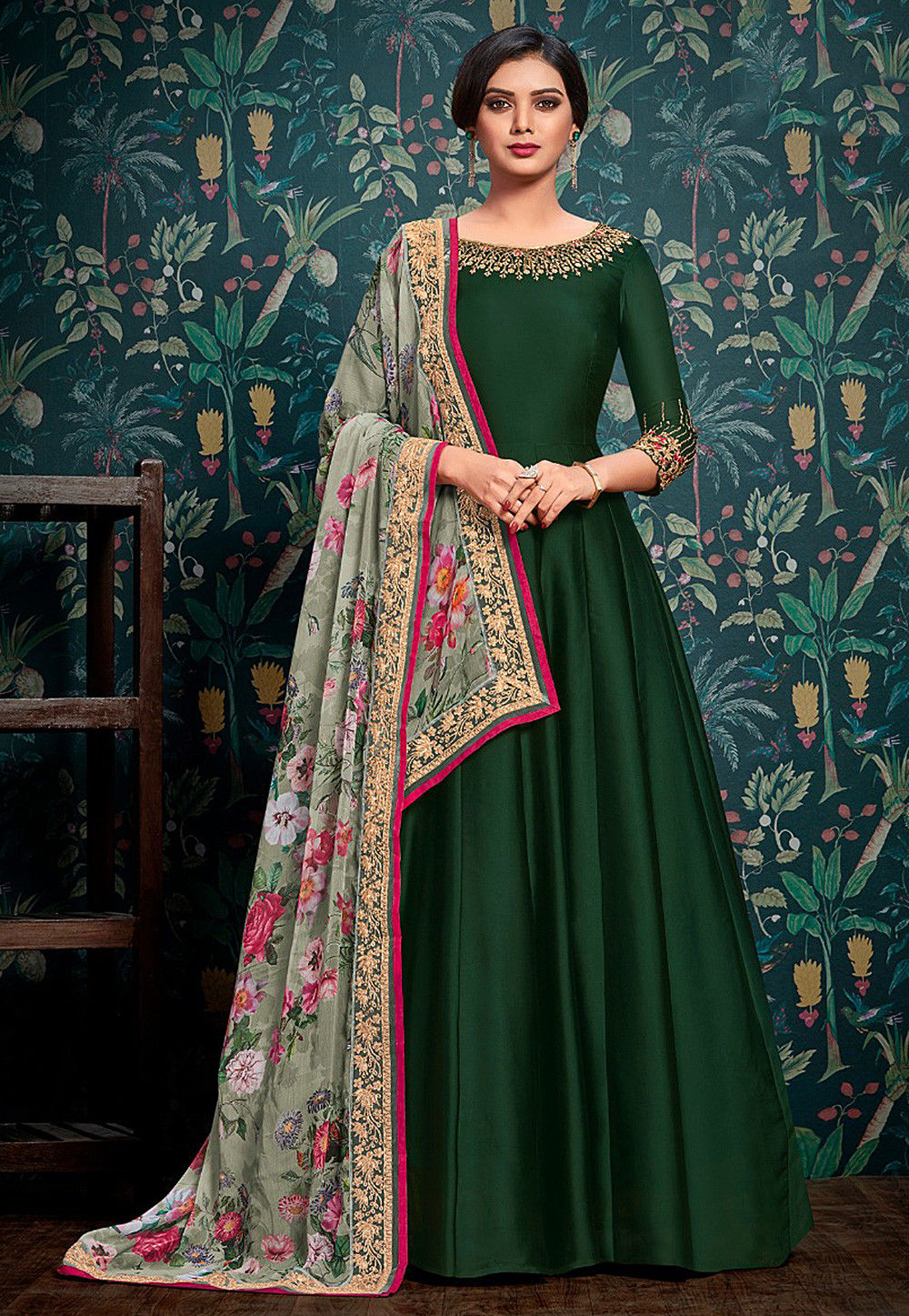 Embroidered Satin Georgette Abaya Style Suit in Dark Green