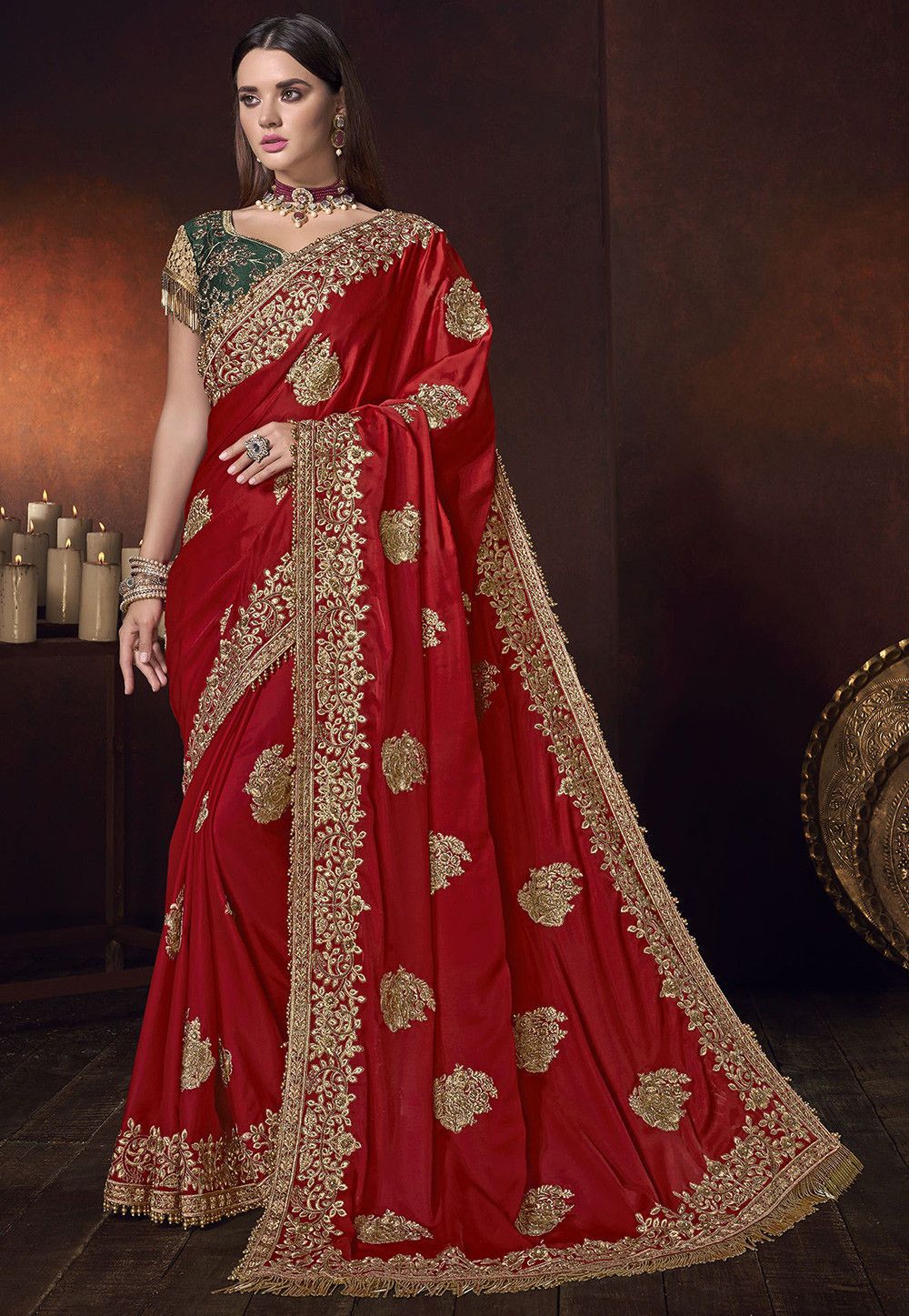 Embroidered Satin Saree in Red
