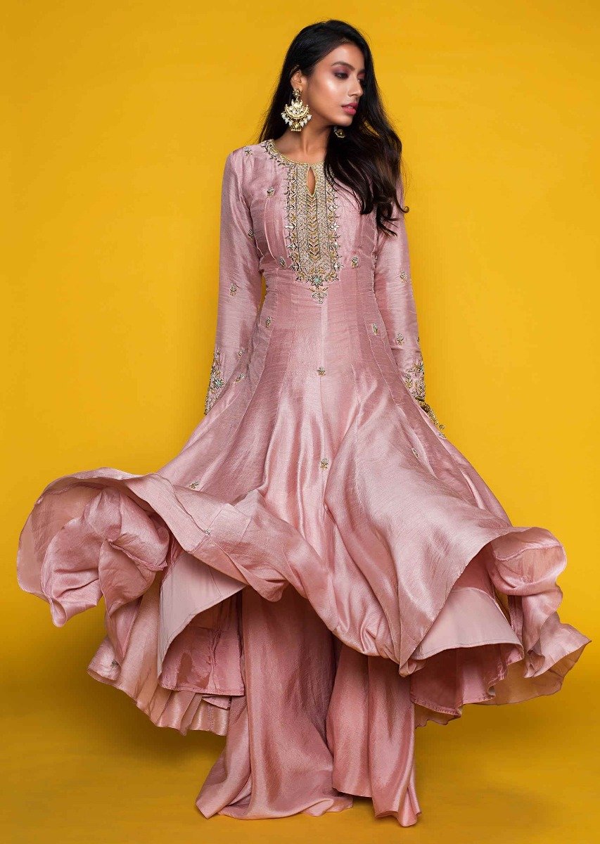 Flamingo Pink Anarkali Suit In Cotton Silk With Flared Palazzo Bottoms only