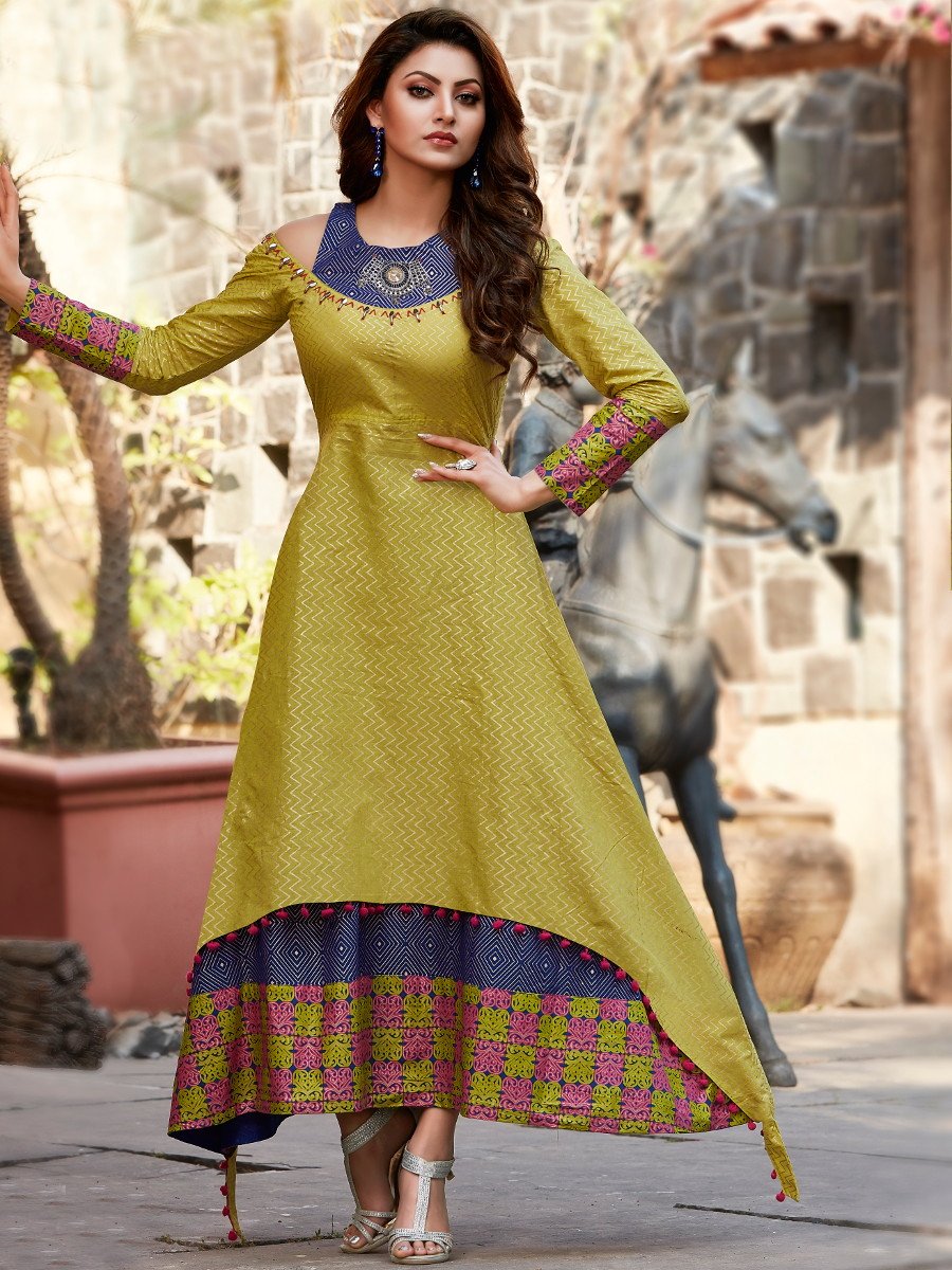 Glimmer Lime Green Double Layered Cold Shoulder Kurti