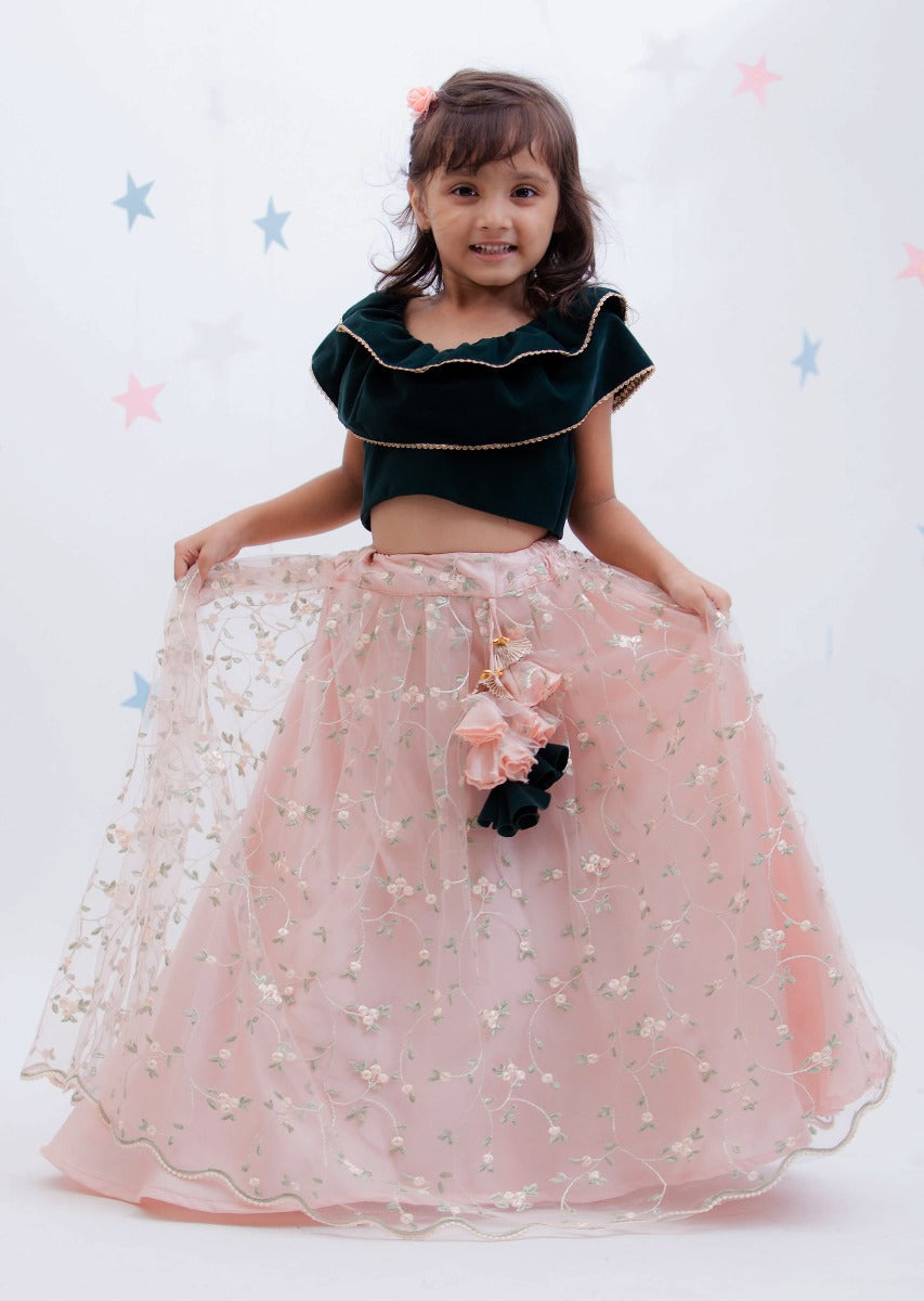 Green Choli In Velvet With Peach Lehenga With Floral Embroidery By Fayon Kids