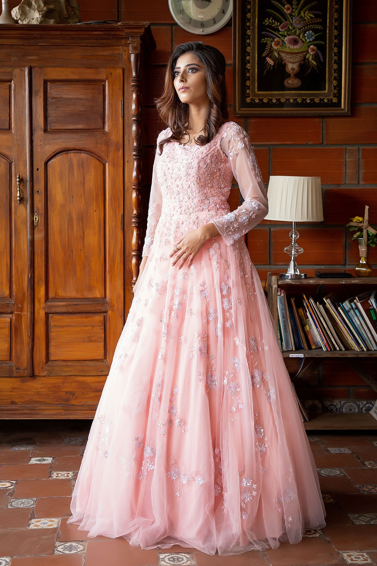 Peach Sequins Embroidered Net Evening Gown