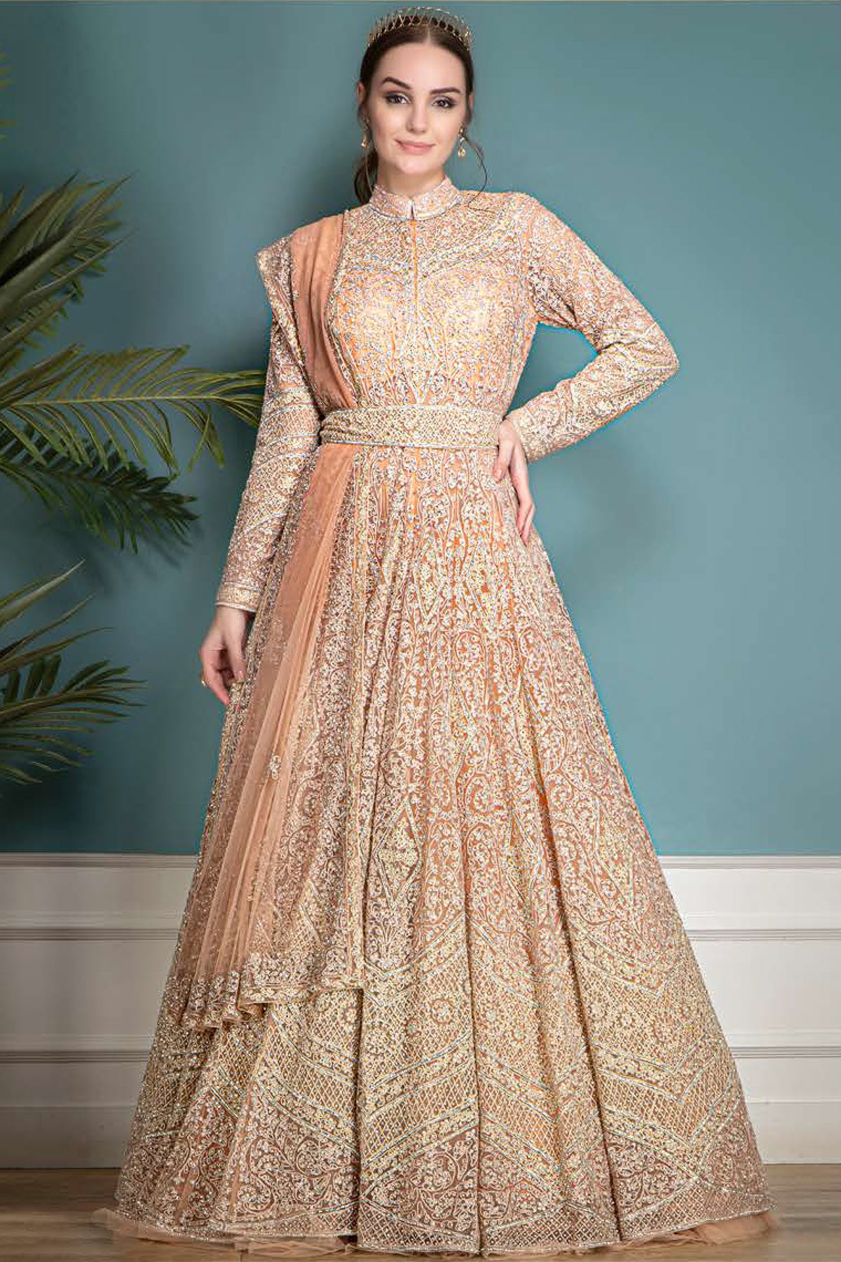Peach stone embroidered Net Indowestern Gown