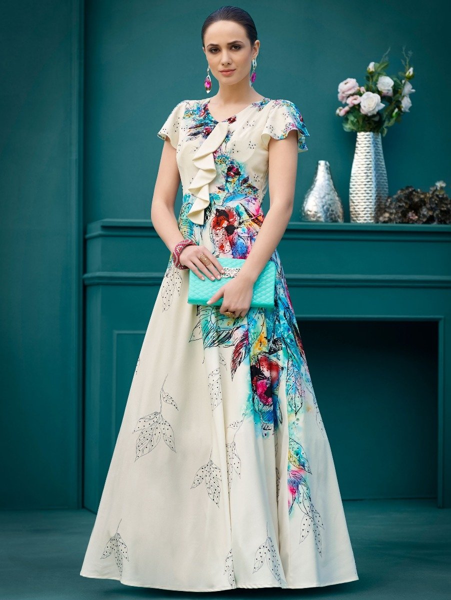 Cream Silk Floral Digital Print Designer Gown with Stone Work