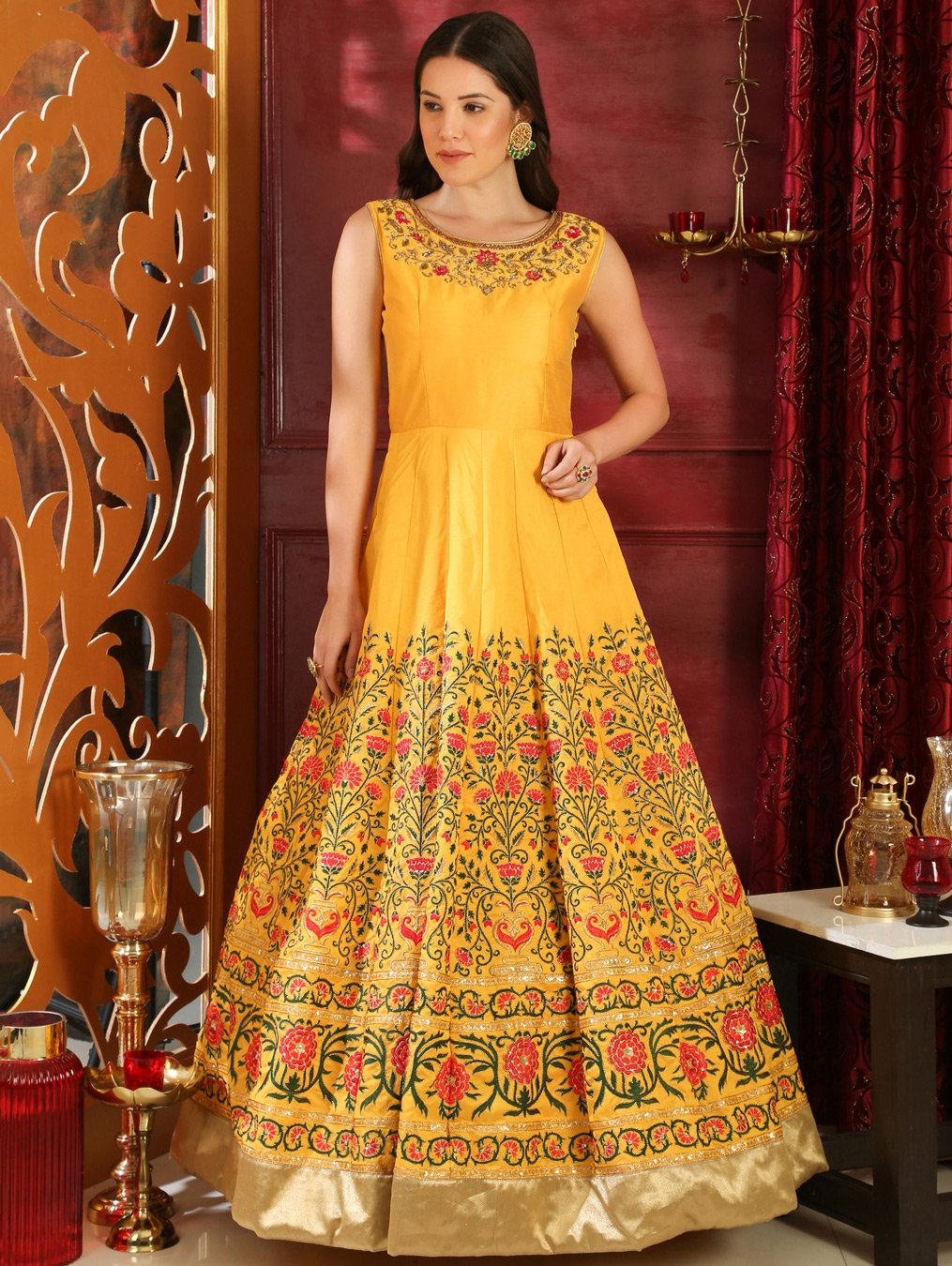 Yellow Silk Designer Gown with Floral Resham Embroidery