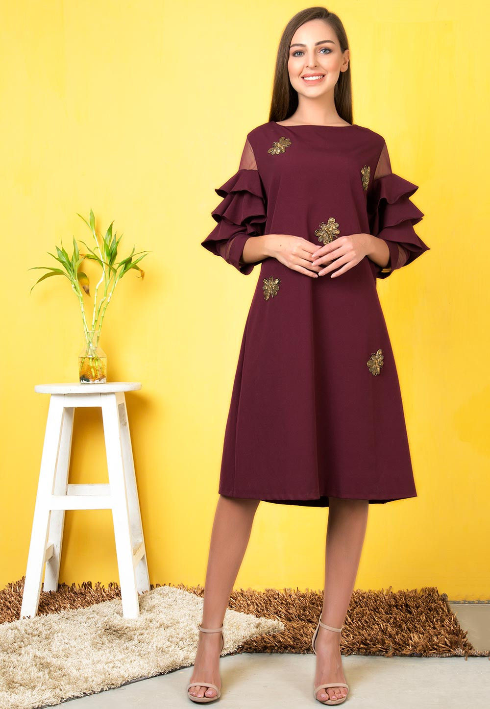 Hand Embroidered Polyester Dress in Wine