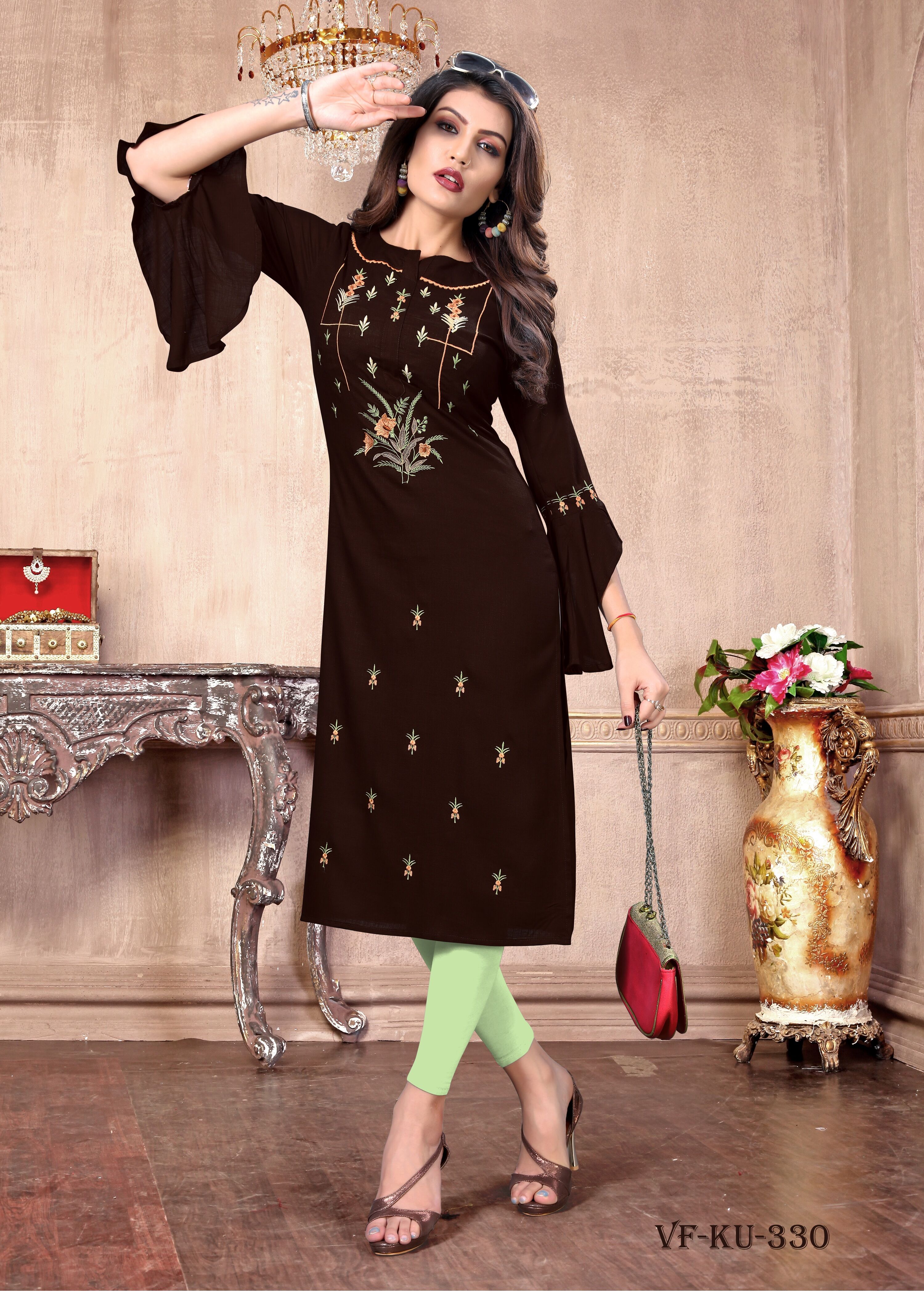 BROWN EMBROIDERED RAYON PARTY-WEAR-KURTIS