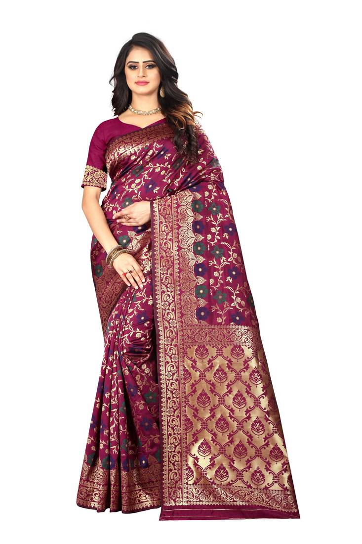 WINE WOVEN COTTON SILK SAREE WITH BLOUSE