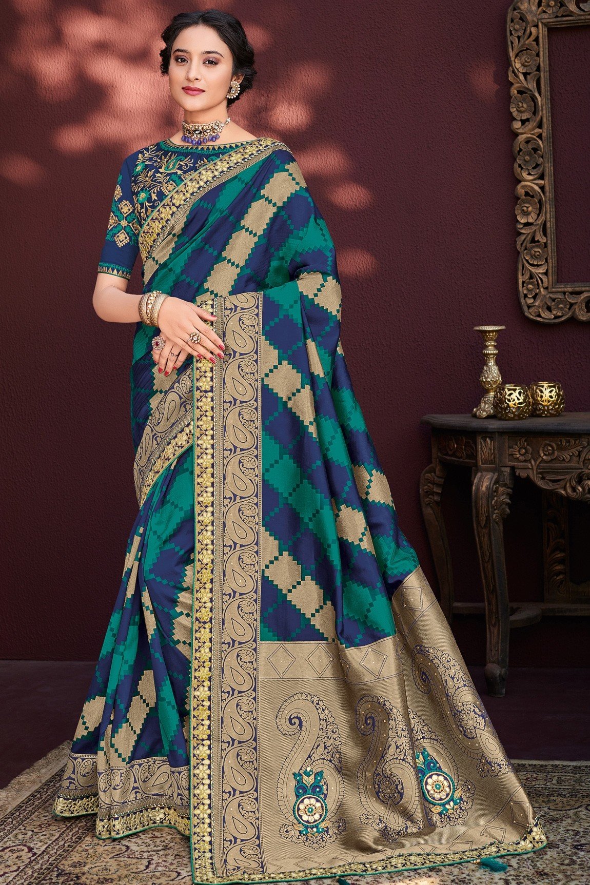 Teal & Blue Banarasi Silk Jacquard Saree