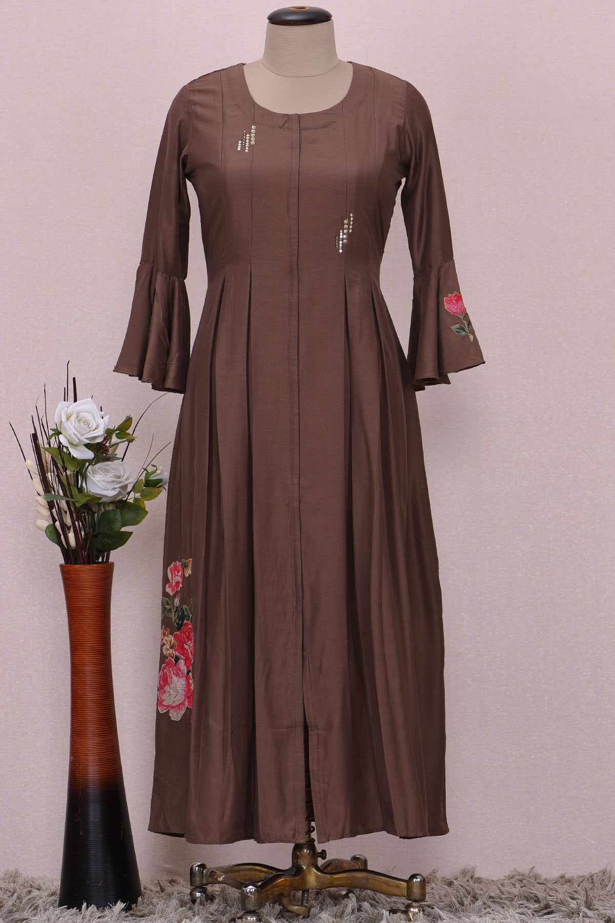 Brown Silk Sequins Embroidered Designer Kurti