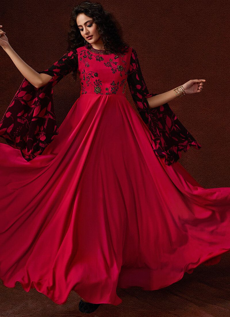 Magenta Embroidered Faux Georgette Trendy Gown