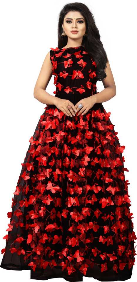 Embellished Cotton Blend, Net, Art Silk Semi Stitched Anarkali Gown  (Red, Black)