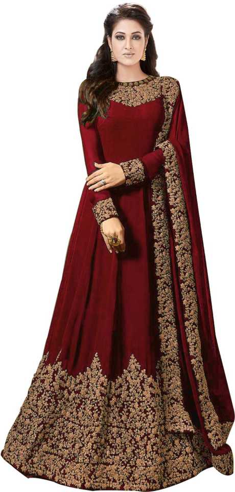 Embroidered Silk Blend Semi Stitched Anarkali Gown